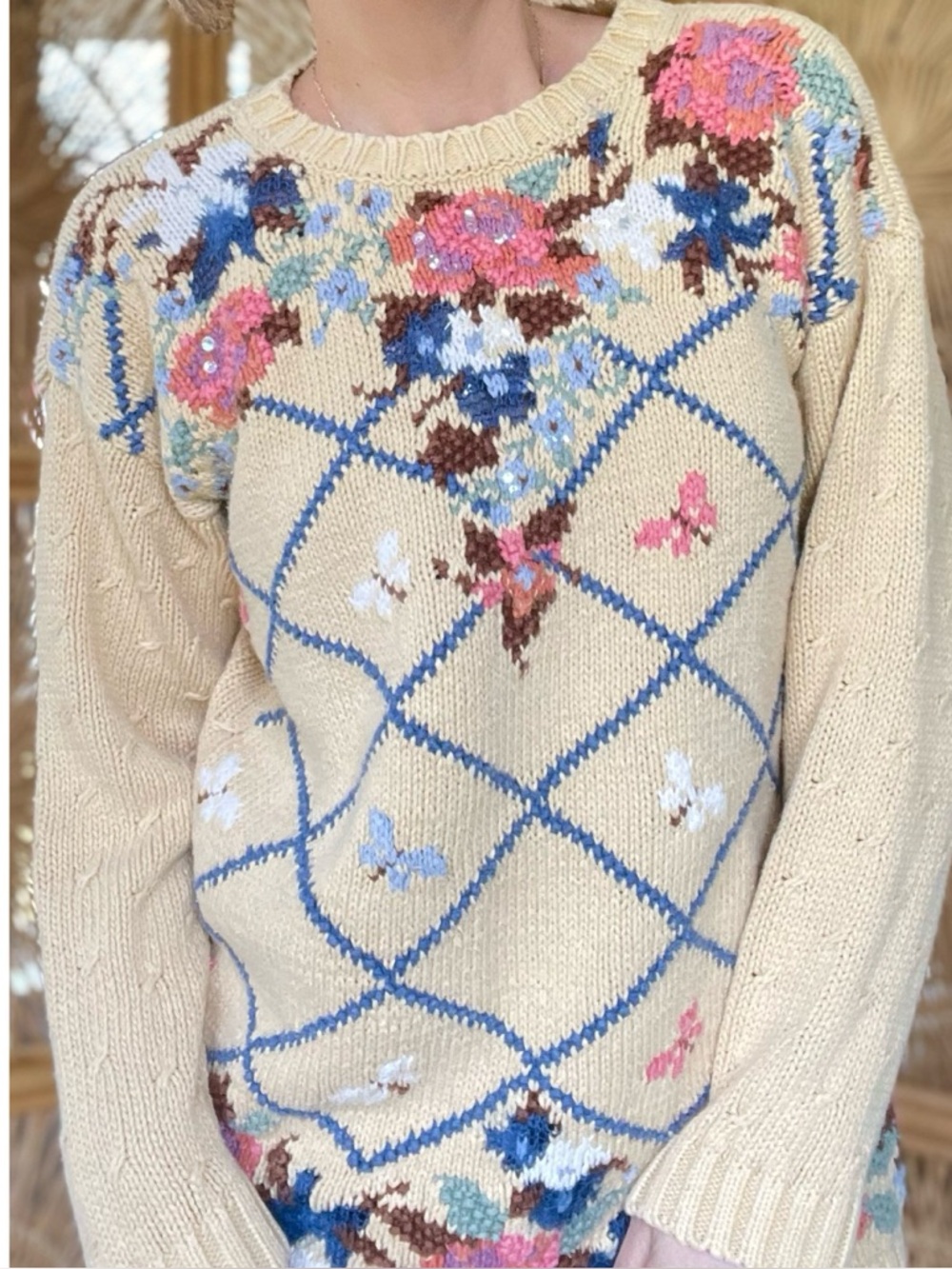 Vintage Melbourne Country Knit Cream Yellow Pink Blue Floral Grandma Sweater